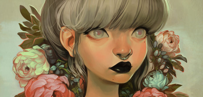 Hand-drawn image of a lady with a white/grey-ish bobcut, septum piercing and black lipstick, to a backdrop of roses and other flowers.