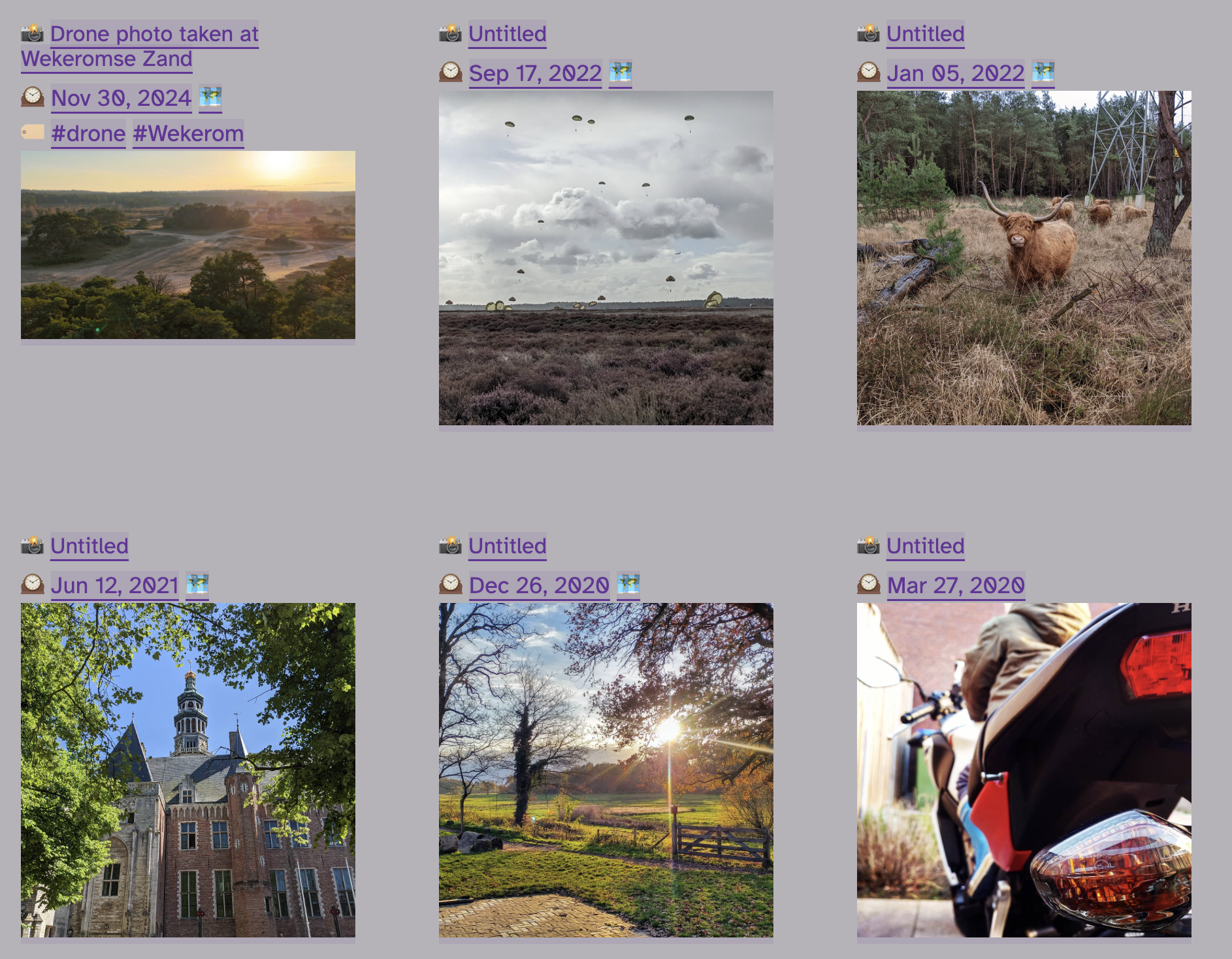 Screenshot of /photos, showing a grid of 3 by 2 photos. Photos are of different height and metadata above them has different amount of lines