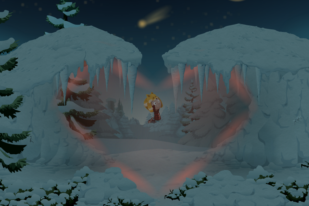 Me flying through the air, in between two spruces forming a heart