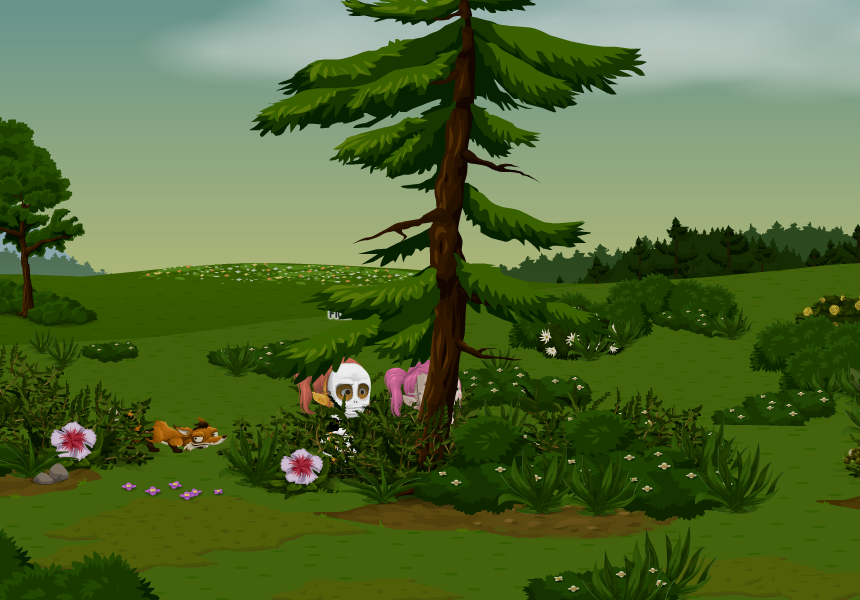 Me and player Flush hiding behind a tree, while a fox sneaks up on us