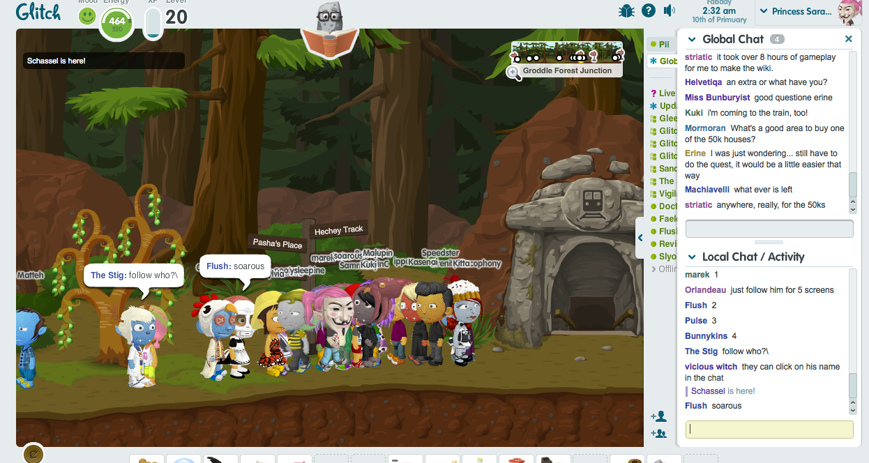 Interface of Glitch, your typical top bar, main window and right sidebar for chat