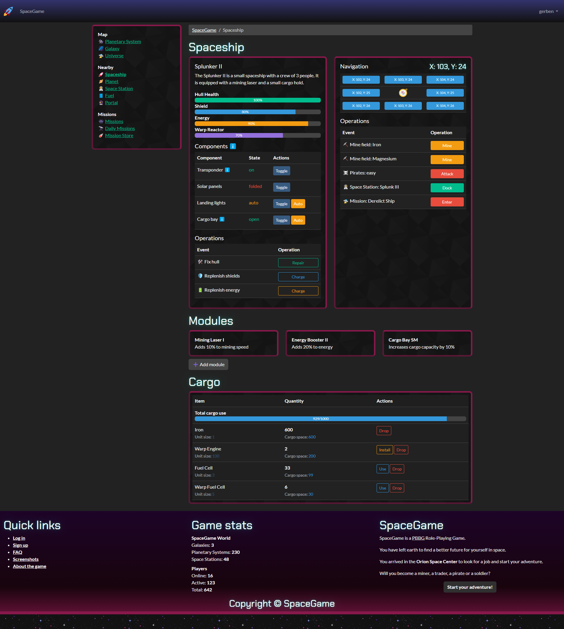 Screenshot of a browser based game with lots of dark and neon colours, it shows a ships page with operations and its current status