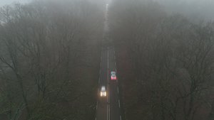 Hovering above a two-lane road, early dusk, wintery trees. Spooky vibes 👻