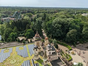 Efteling from above, looking on the roof of "Symbolica", with the "Baron 1898" rollercoaster in the background. Picture taken from "Pagode".