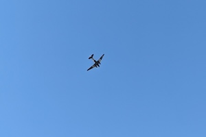 Dakota DC-3 (in military livery) flying over Ginkelse Heide as part of the 2024 Airborne Commemoration