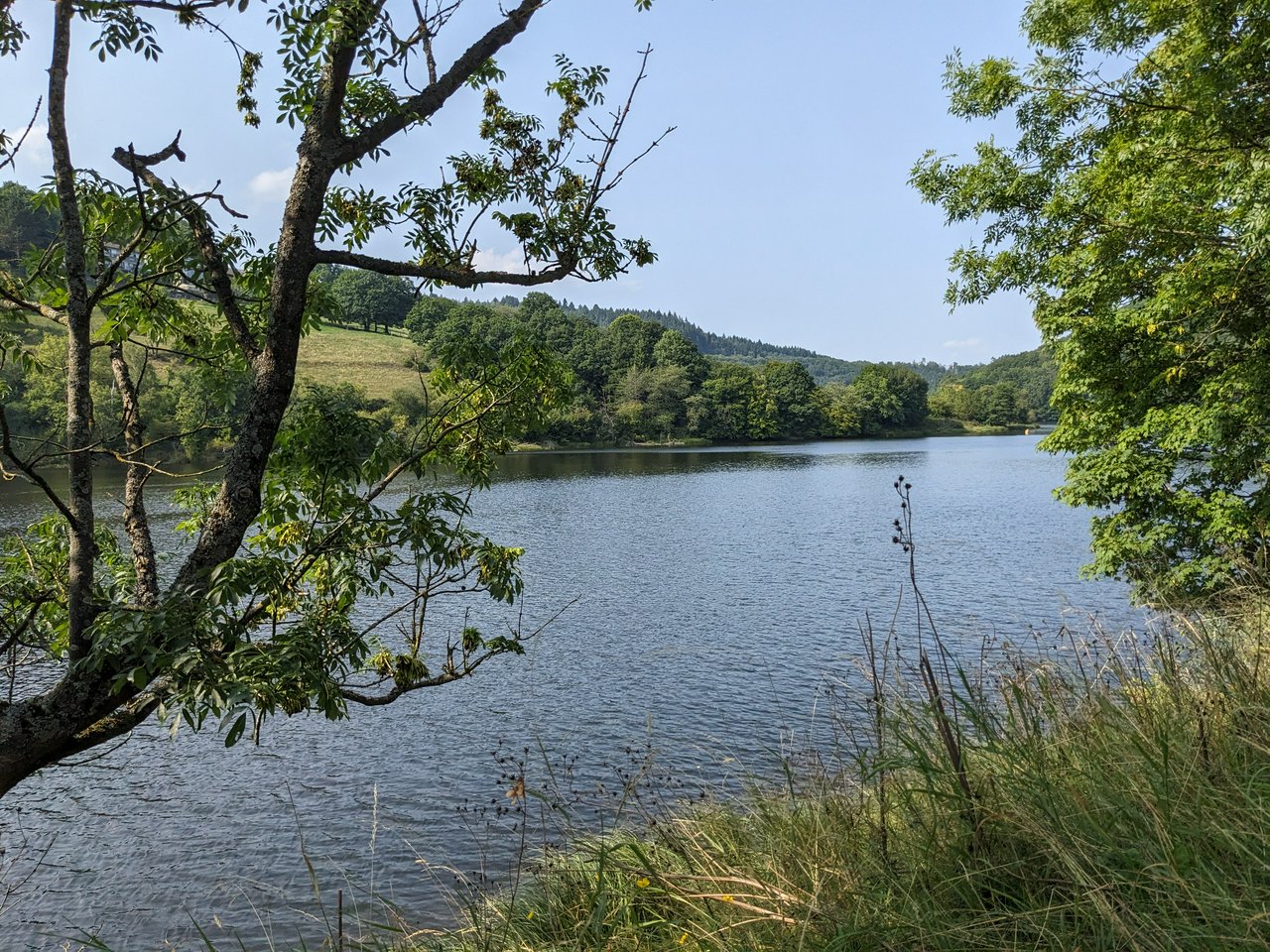 Looking over a lake, surrounded by hills, with trees framing the photo