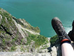 Boots hanging over Preikestolen