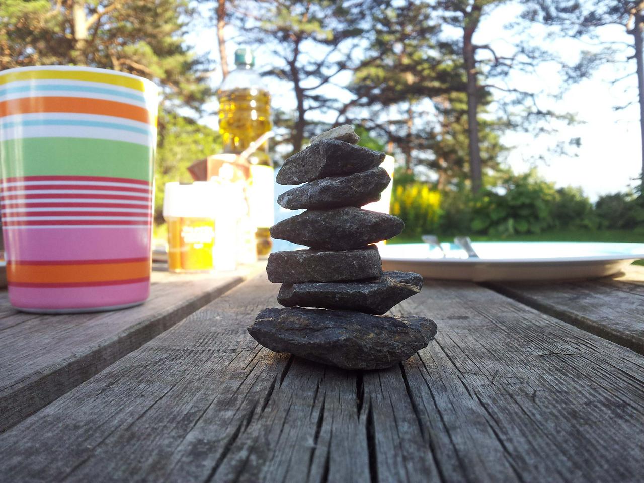 Mini cairn on the picknick table